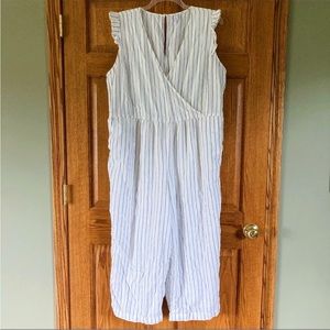 Old Navy Casual White & Blue Striped Wrap Tie Belted Linen-Blend Jumpsuit 2X